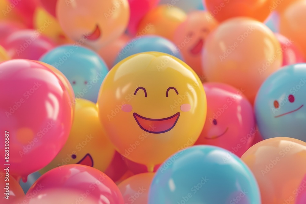 A bunch of colorful balloons with a smiling face in the middle A bunch of colorful balloons with a smiling face in the middle