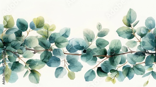 An isolated white background with green watercolor banner featuring silver dollar eucalyptus leaves and branches. photo