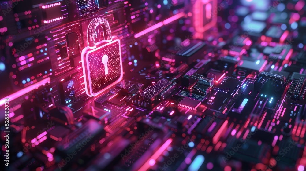 Futuristic concept of digital security with neon pink lock icons on a glowing circuit board, representing cybersecurity technology. Futuristic concept of digital security with neon pink lock icons on a glowing circuit board, representing cybersecurity technology.
