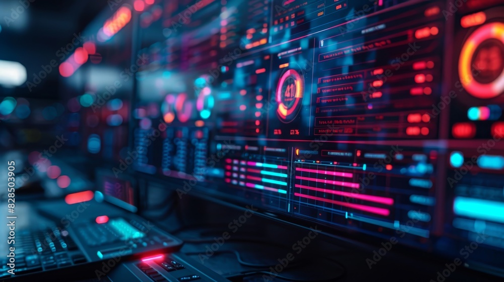 Futuristic data dashboard with neon lights and advanced analytics in a tech environment, showcasing modern technology and complex information displays.