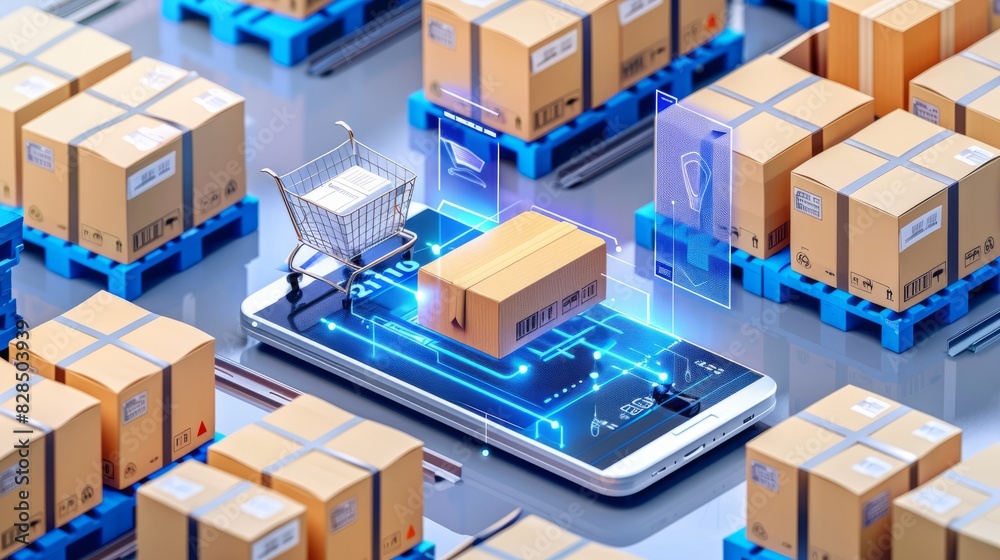 Smart warehouse management system using augmented reality technology to identify package picking and delivery . Future concept of supply chain and logistic business Smart warehouse management system using augmented reality technology to identify package picking and delivery . Future concept of supply chain and logistic business