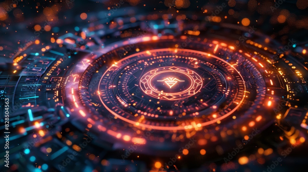 Futuristic digital technology interface with glowing elements and intricate circular patterns in orange and blue tones. Futuristic digital technology interface with glowing elements and intricate circular patterns in orange and blue tones.