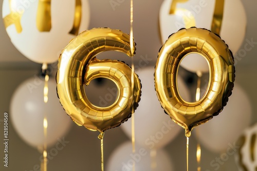 60 number made of two golden floating helium balloons in a festive background