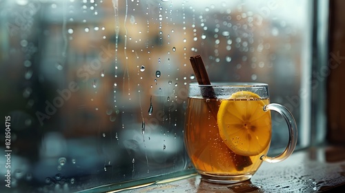 A steamy, smoky hot toddy in a clear glass mug, with a cinnamon stick and lemon slice, sitting on a windowsill with a rainy backdrop photo