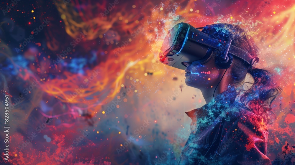 Abstract visualization of a digital artist exploring virtual reality tools to create immersive 3D artworks, integration of VR technology artistic expression in modern digital art.