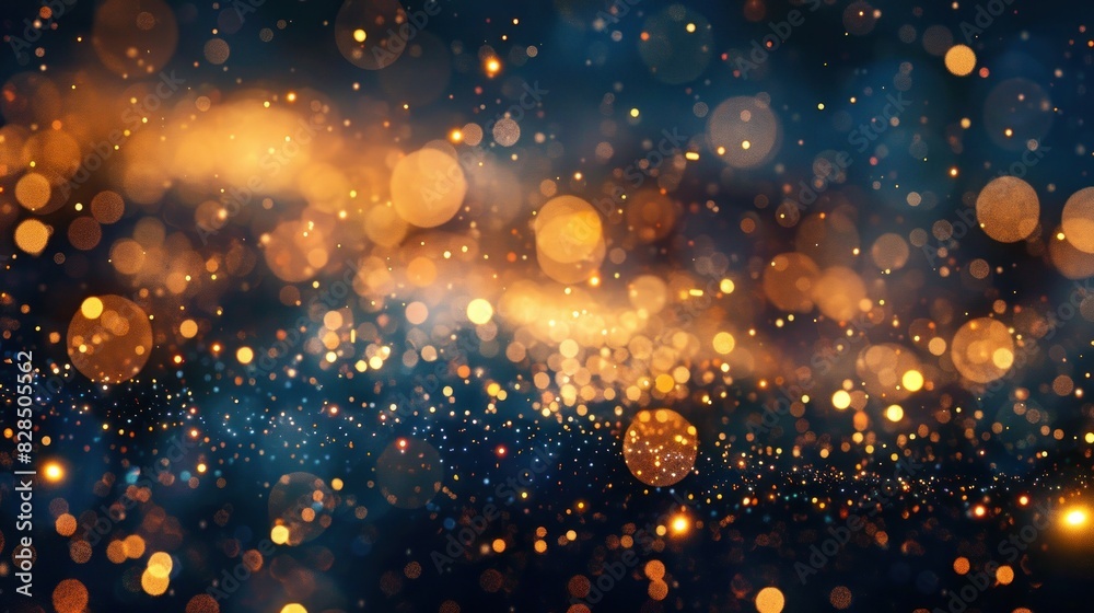 Obraz premium A mesmerizing bokeh background showcasing an array of golden lights against a dark backdrop. The lights appear to sparkle and shimmer, creating a sense of luxury and opulence. This image is perfect