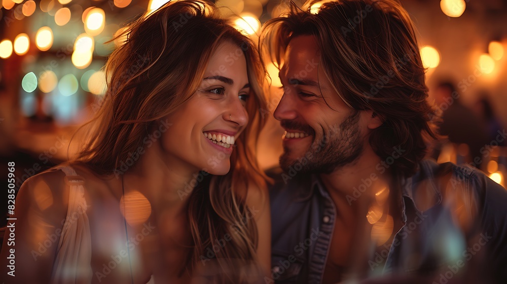 A happy couple sharing a romantic moment in a cozy restaurant with warm bokeh lights in the background. 