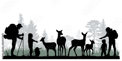Family silhouettes. Father, mother and children met deer in the forest. Vector illustration	
