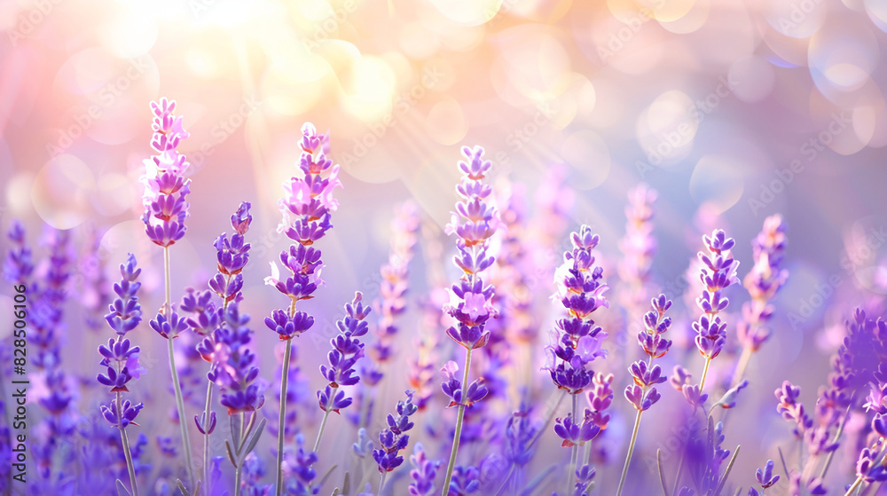 Naklejka premium Beautiful lavender field at sunrise. Purple flower background. Blossom violet aromatic plants