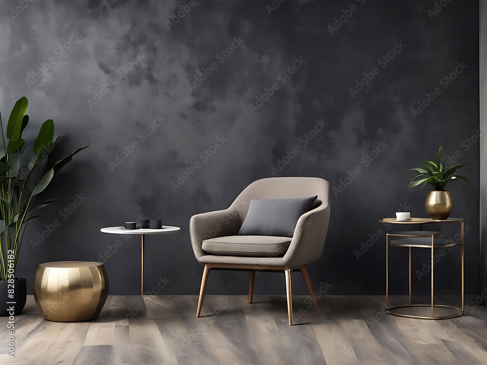 Living room in dark gray and beige, Minimalist style with empty black microcement wall, beige taupe ivory accent chair, golden lamp, modern reception lounge, 3D render Living room in dark gray and beige, Minimalist style with empty black microcement wall, beige taupe ivory accent chair, golden lamp, modern reception lounge, 3D render