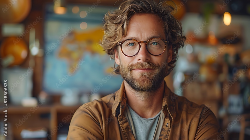 A casually-dressed man with glasses and a beard smiling confidently at the camera in a warm, indoor setting with a map in the background. A casually-dressed man with glasses and a beard smiling confidently at the camera in a warm, indoor setting with a map in the background.