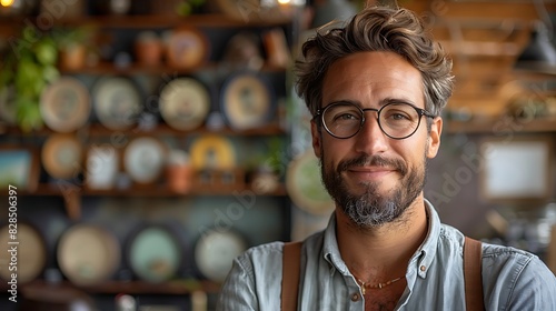 Portrait of a smiling man with glasses and facial hair in a cozy cafe interior, exuding a friendly and approachable vibe.  photo