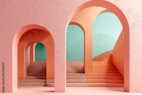 Minimal style of architectural buildings with stairs and arches housing on pastel color background presentation shade and shadow. 3D rendering. 