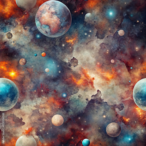 Colorful outer space scene with multiple planets and stars set against a vibrant cosmic background. Ideal for space-themed designs, educational materials, and sci-fi illustrations.