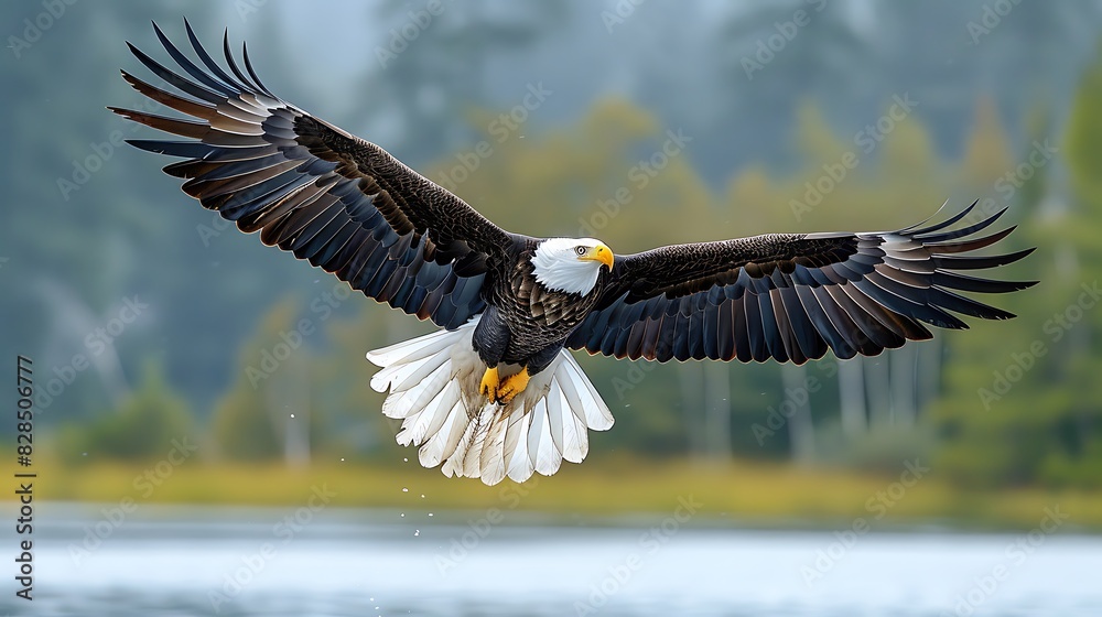 Obraz premium A majestic bald eagle spreads its wings wide against a soft, natural background as it prepares to land, showcasing the beauty and power of wildlife in motion. 