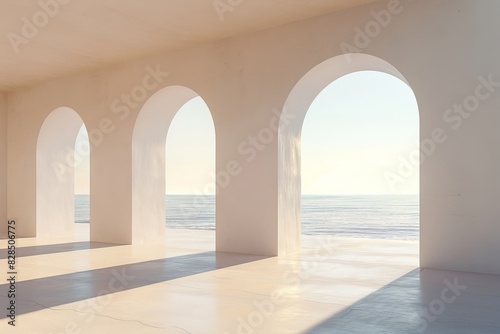 View of empty room in minimal style with arch design curve details The sun light cast shadow on the concrete floor on sea view background. 3d rendering. 