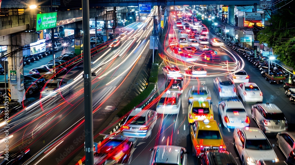 Busy city traffic at night captures the dynamic streaks of vehicle lights in a long exposure photograph Busy city traffic at night captures the dynamic streaks of vehicle lights in a long exposure photograph