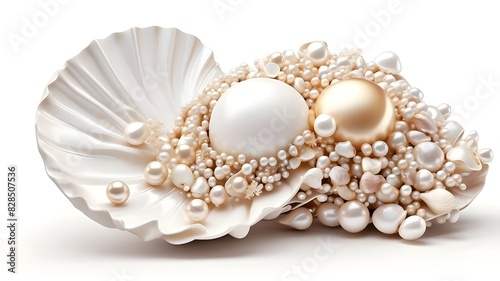 3d White Shell with pearl isolated onwhite background photo