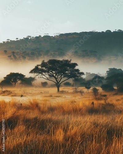 Mystical morning light filters through the fog on an African savannah landscape with a prominent tree standing tall amid the delicate hues of dawn 