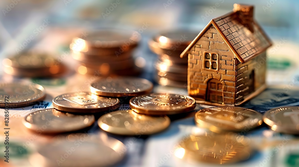 A small house model surrounded by various coins illustrating real estate investment and financial concept. 