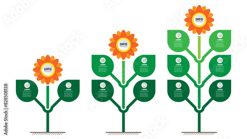 Set of Vertical infographics with 2, 4 and 6 parts. Development and growth of the green technology in the world. Business presentation with three steps or processes. Infograph.