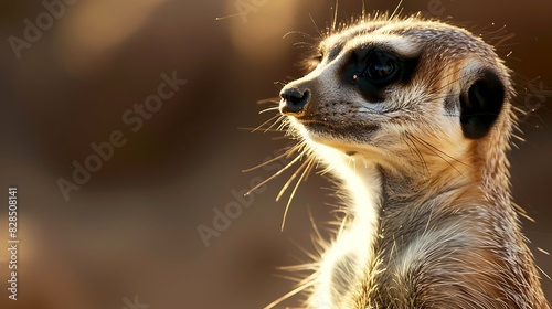 A meerkat stands in a profile view against a softly blurred background illuminated by warm light at sunset  © Athena