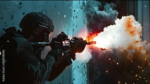 A soldier shooting at the enemy on the battlefield
