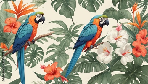 very beautiful tropical wallpaper illustrations, colorful macaws, tropical leaves and flowers, sharp quality and exotic color combinations © RT Studio 1981