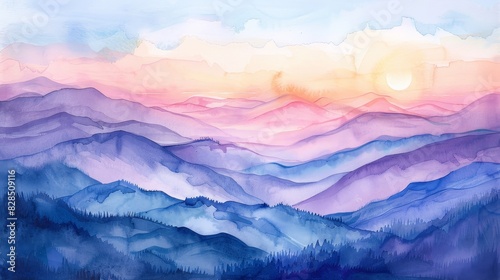 Serene watercolor painting of a mountainous landscape at sunset, featuring vibrant shades of purple, pink, and blue with a soft ambient glow.