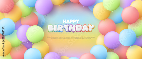 3D Happy birthday with colorful balloon on rainbow background for kids zone or children's playroom, baby birthday party event, kid sale banner, flyer, advertising, social media, backdrop, wallpaper