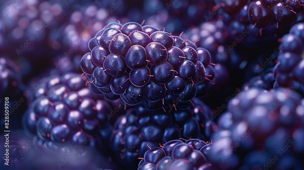 A detailed image of a blackberry cluster, focusing on the shiny, plump drupes and their dark purple color. A detailed image of a blackberry cluster, focusing on the shiny, plump drupes and their dark purple color.