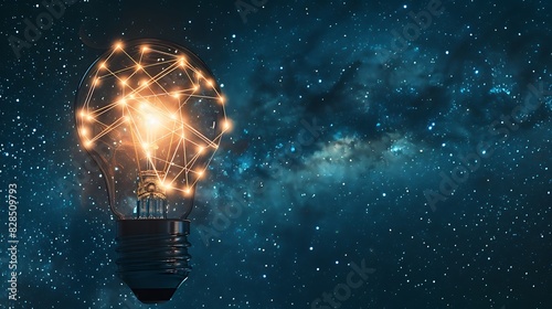 A single light bulb glowing brightly, powered by a network of green energy sources visualized against a starry expanse.
