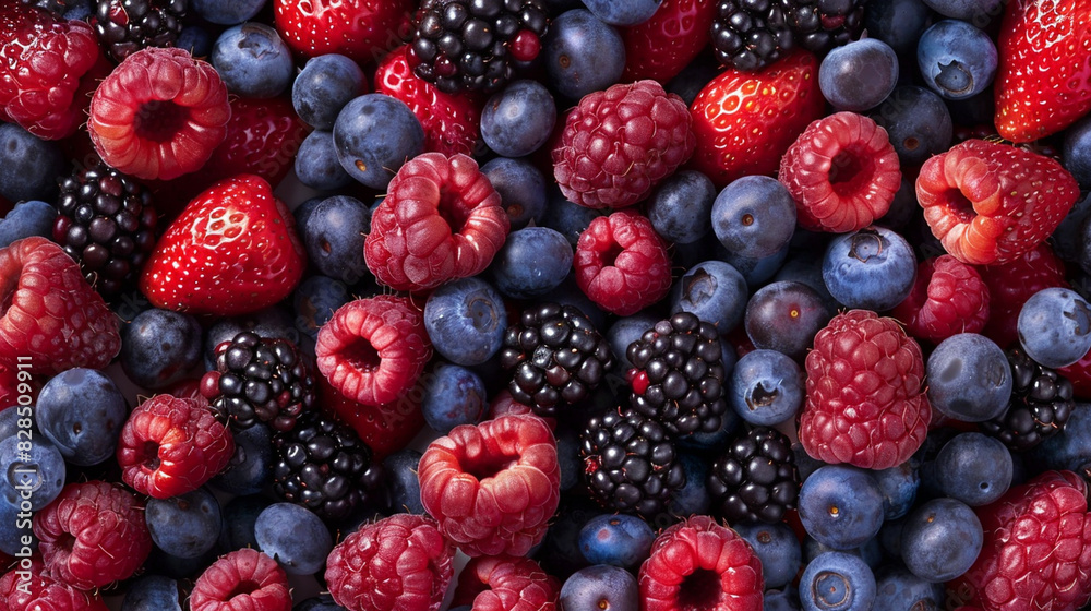 A close-up of a handful of mixed berries (strawberries, blueberries, raspberries), emphasizing their varied textures and colors. A close-up of a handful of mixed berries (strawberries, blueberries, raspberries), emphasizing their varied textures and colors.