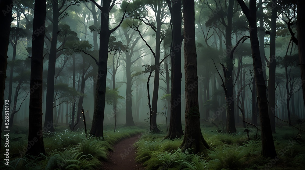 Fototapeta premium shows a path through a dark and gloomy forest.