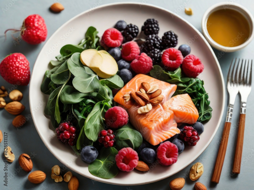 A plate filled with kidney-friendly foods, such as leafy greens, berries, fish, and nuts, highlighting the role of nutrition in maintaining kidney health. with Generative AI Technology A plate filled with kidney-friendly foods, such as leafy greens, berries, fish, and nuts, highlighting the role of nutrition in maintaining kidney health. with Generative AI Technology