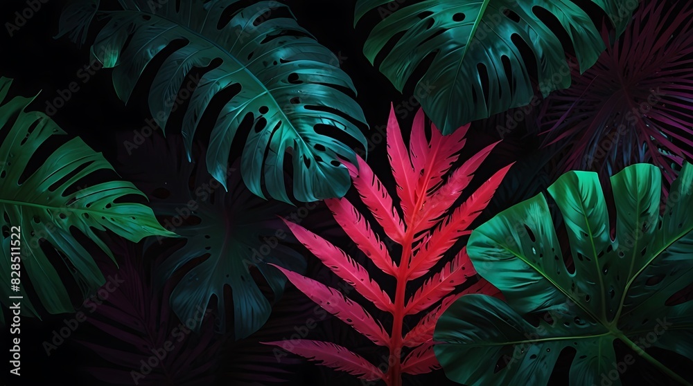 dark background with various tropical leaves dark background with various tropical leaves