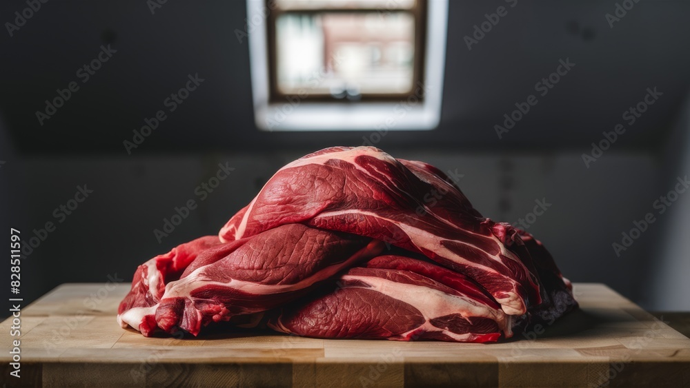 A pile of raw meat sitting on top a wooden cutting board, AI