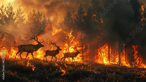Escaping the Flames: Wildlife Fleeing from a Devastating Forest Fire, Showing the Impact on Animals © Yuparet