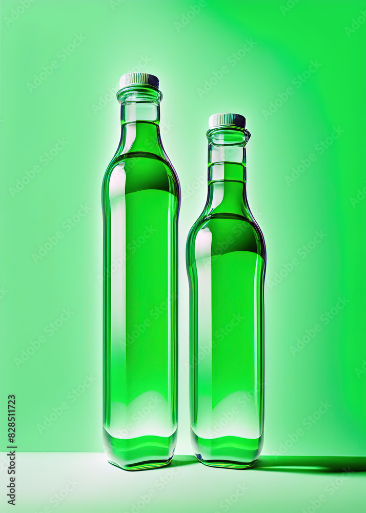 Two transparent bottles without text float in the air, illustration generated by Ai Two transparent bottles without text float in the air, illustration generated by Ai