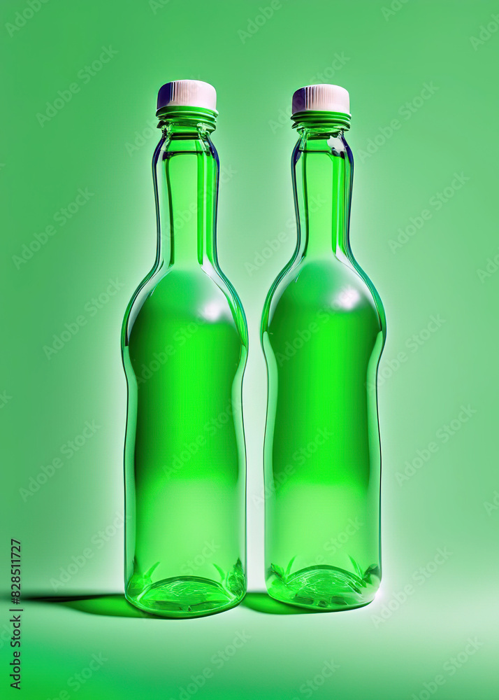 Two transparent bottles without text float in the air, illustration generated by Ai Two transparent bottles without text float in the air, illustration generated by Ai