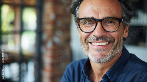Smiling banker aged 45, happy middle-aged business man bank manager, mid adult professional CEO executive in office, older mature entrepreneur with glasses, headshot portrait. photo