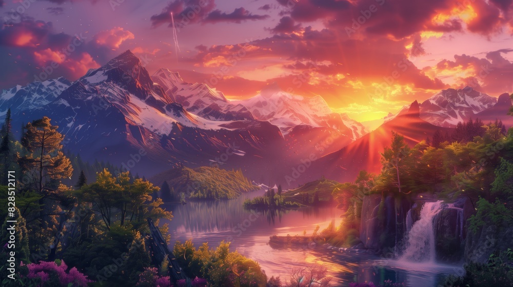 Fantasy landscape featuring majestic mountains, a tranquil lake, and vibrant flora bathed in the warm glow of a sunset. Fantasy landscape featuring majestic mountains, a tranquil lake, and vibrant flora bathed in the warm glow of a sunset.