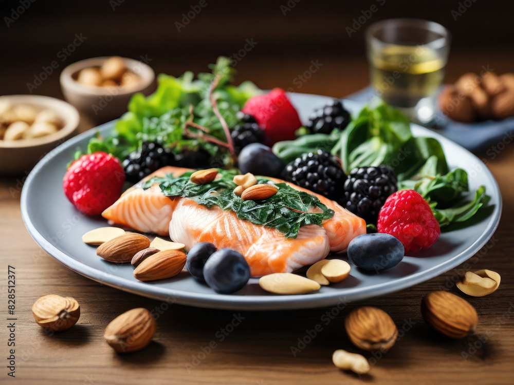 A plate filled with kidney-friendly foods, such as leafy greens, berries, fish, and nuts, highlighting the role of nutrition in maintaining kidney health. with Generative AI Technology A plate filled with kidney-friendly foods, such as leafy greens, berries, fish, and nuts, highlighting the role of nutrition in maintaining kidney health. with Generative AI Technology