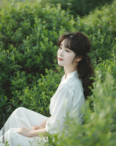 Korean woman in a white dress sits peacefully amid lush greenery, looking contemplative