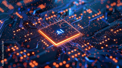 A closeup of an AI chip on the circuit board, with glowing lights and "AI" written in digital font. The background is vibrant blue, creating contrast against bright orange highlights. This design symb © imlane