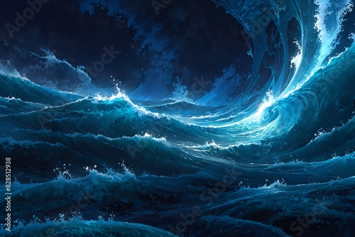 A blue ocean with a wave crashing in the background