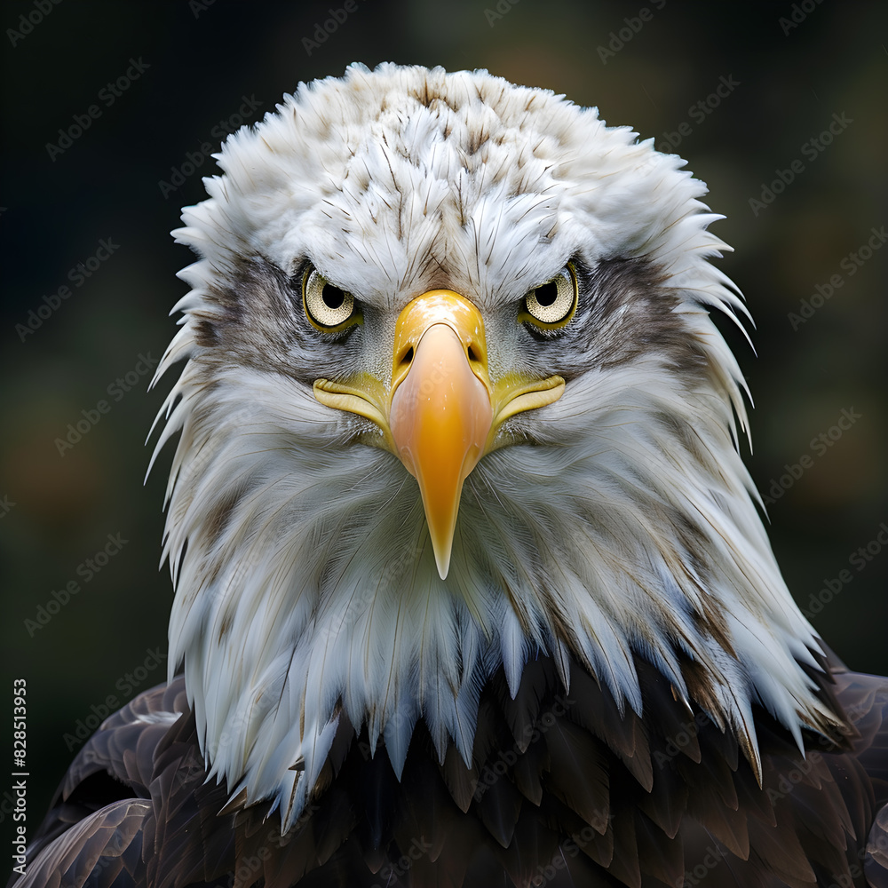 Fototapeta premium Close up portrait of a bald eagle facing forward, engaging the viewer with its intense gaze