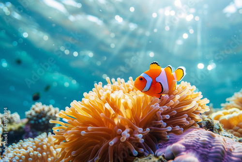 Underwater scene with clownfish in coral reef and sea anemone