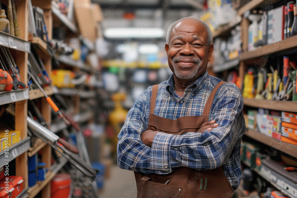 Portrait of a smiling senior African American man working in a hardware store Portrait of a smiling senior African American man working in a hardware store