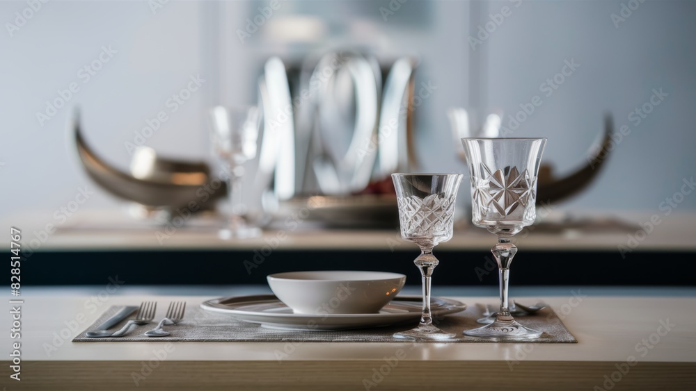 Fototapeta premium A table setting with a bowl and two glasses on it, AI